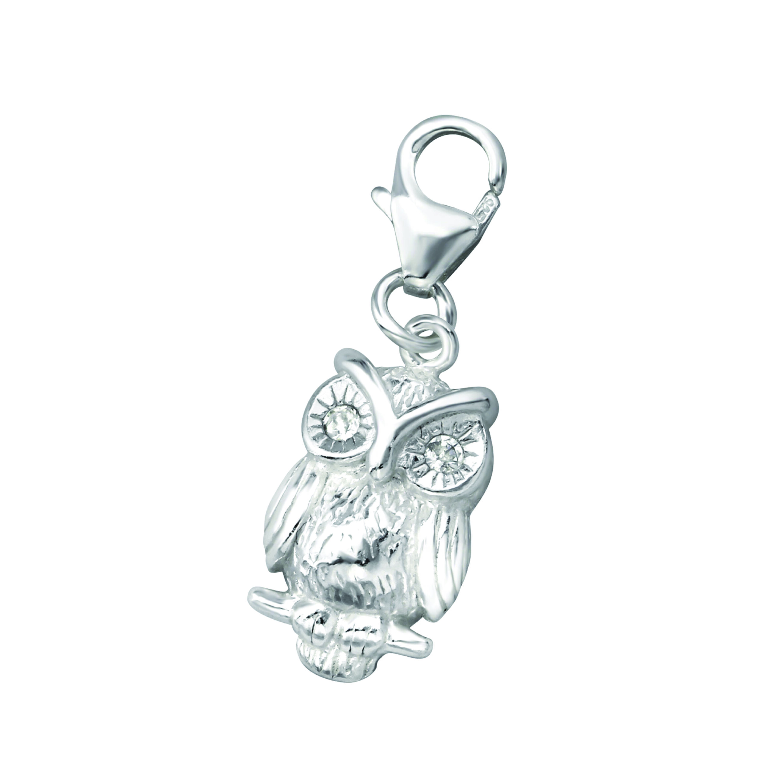 Charmanhänger Sterlingsilber mit weissen Zirkonen, Motiv Eule Charm Silber mit weissen Zirkonen, Motiv Eule inkl. Übung für mehr Achtsankeit im Alltag