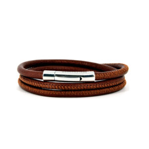 Lederarmband, dunkelbraun, mit Edelstahl-Klickverschluss, dreifach gewickelt, Verschluss mit Gravur Seelenanker
