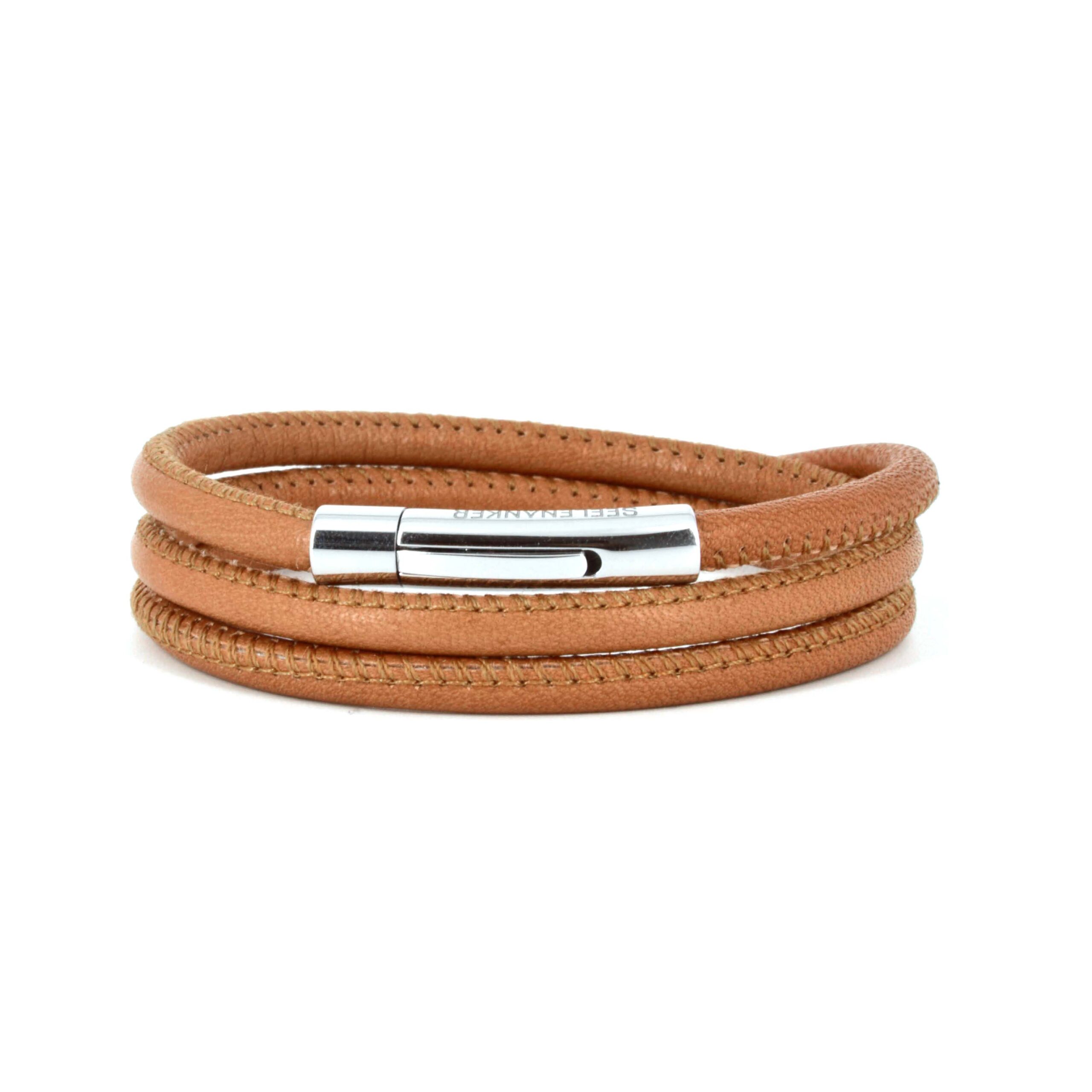 Lederarmband 4mm dreifachgewickelt-Hebeldruckverschluss-braun Lederarmband, hellbraun, mit Edelstahl-Klickverschluss, dreifach gewickelt, Verschluss mit Gravur Seelenanker