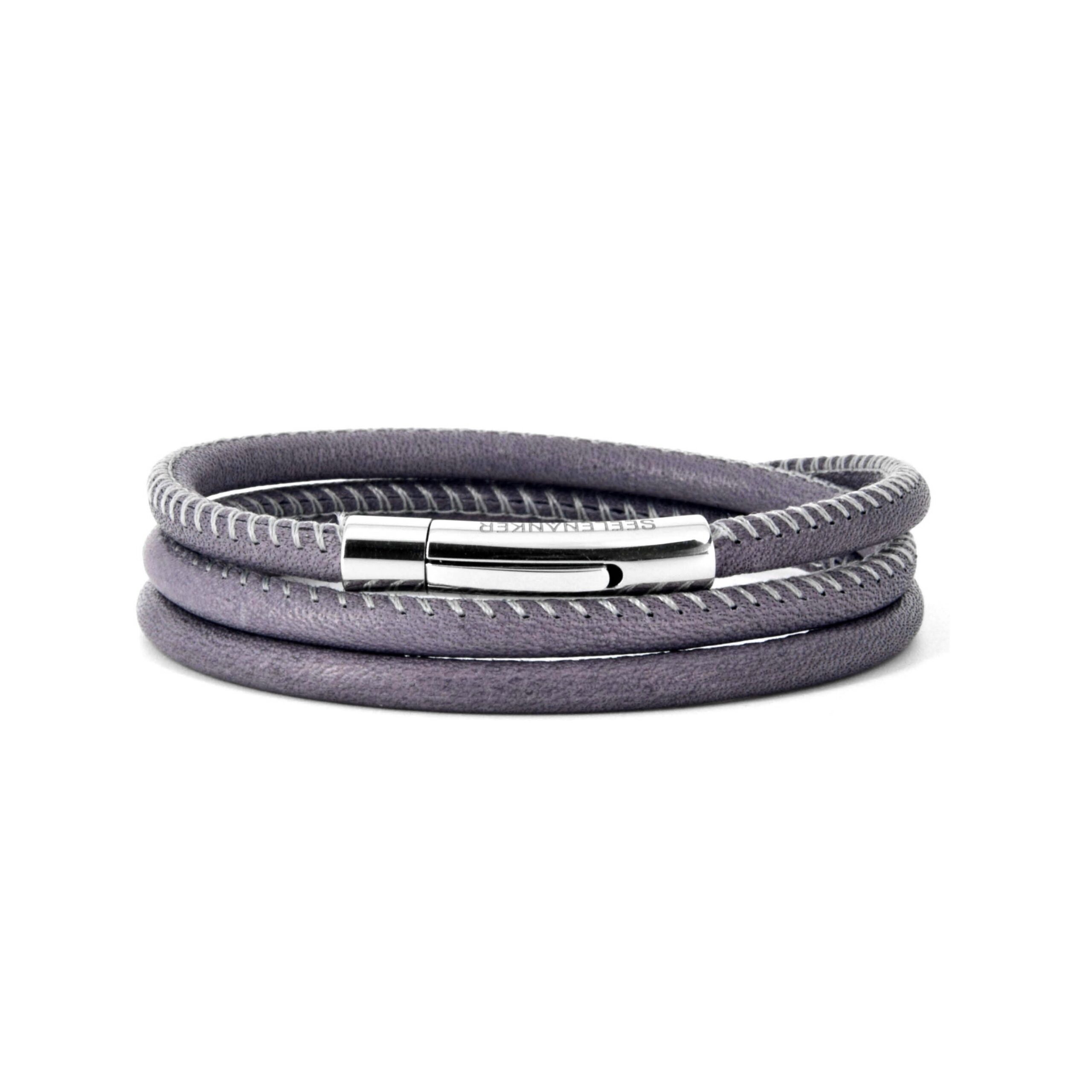 Lederarmband 4mm-dreifachgewickelt-Hebeldruckverschluss-grau Lederarmband, grau, mit Edelstahl-Klickverschluss, dreifach gewickelt, Verschluss mit Gravur Seelenanker
