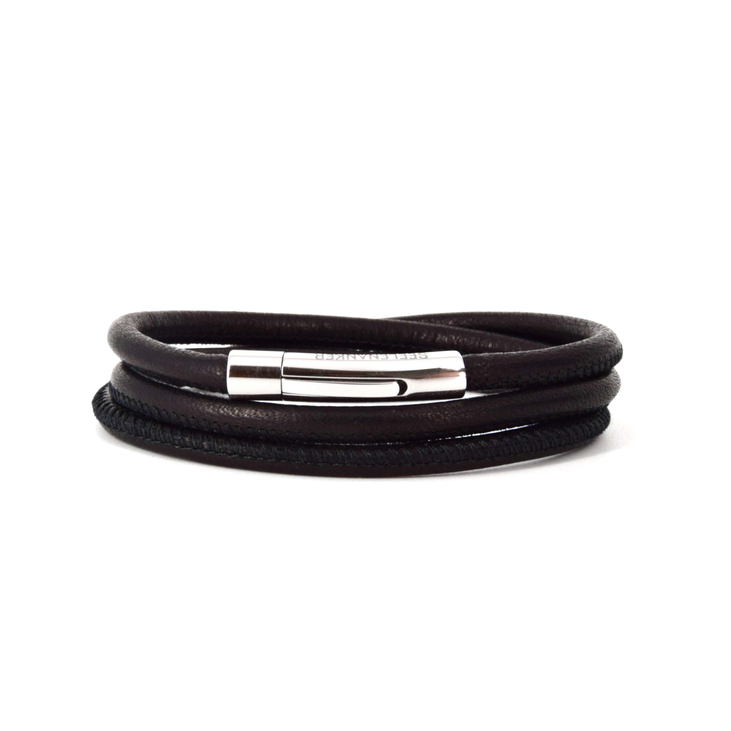 Lederarmband, schwarz, mit Edelstahl-Klickverschluss, dreifach gewickelt, Verschluss mit Gravur Seelenanker