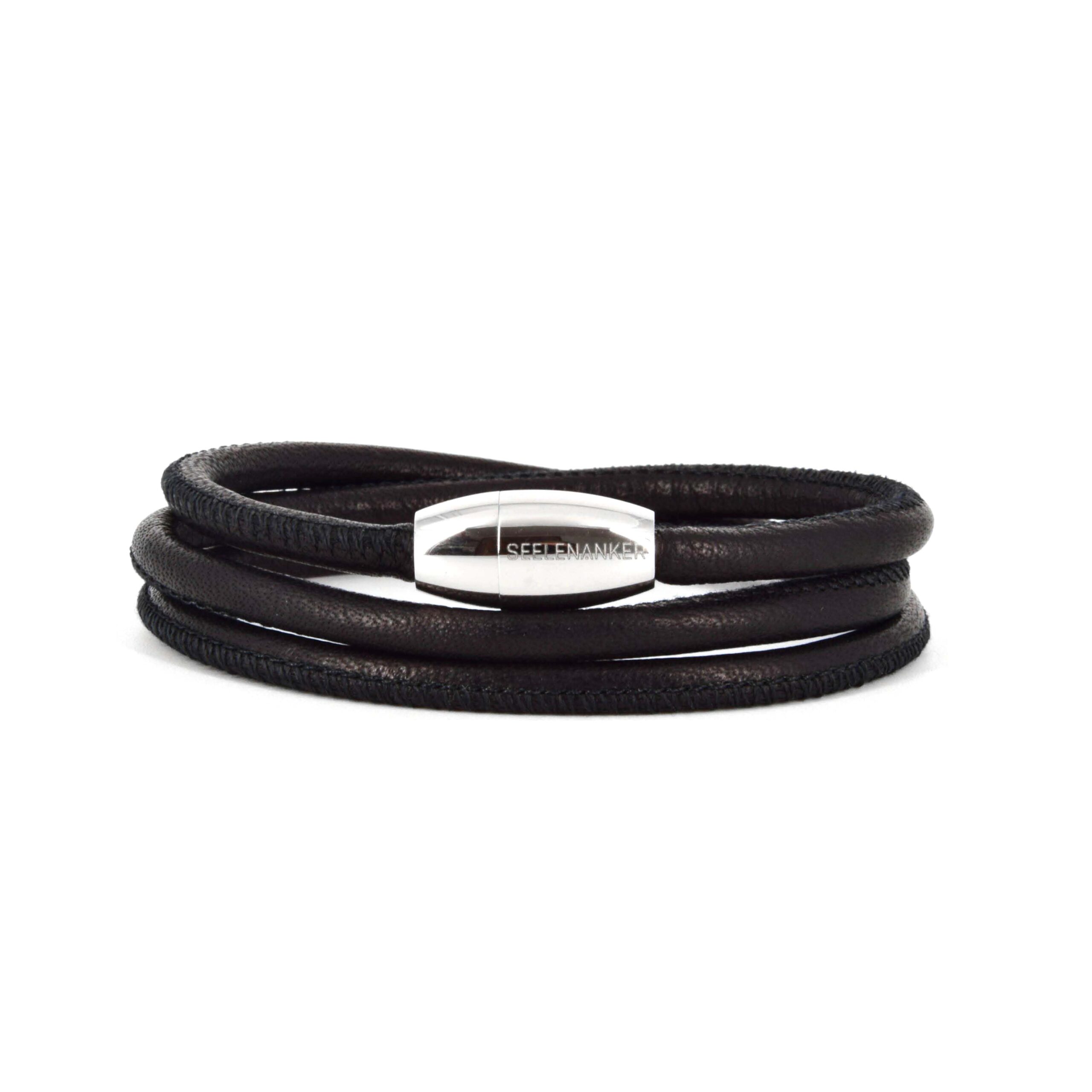 Schwarzes Lederarmband 4mm, Bio-Nappaleder, handgefertigt, dreifachgewickelt-Magnetverschluss premium-lederarmband-schwarz-4mm-durchmesser-dreifach-gewickelt-handgefertigt-edelstahlmagnetverschluss-mit-gravur-seelenanker