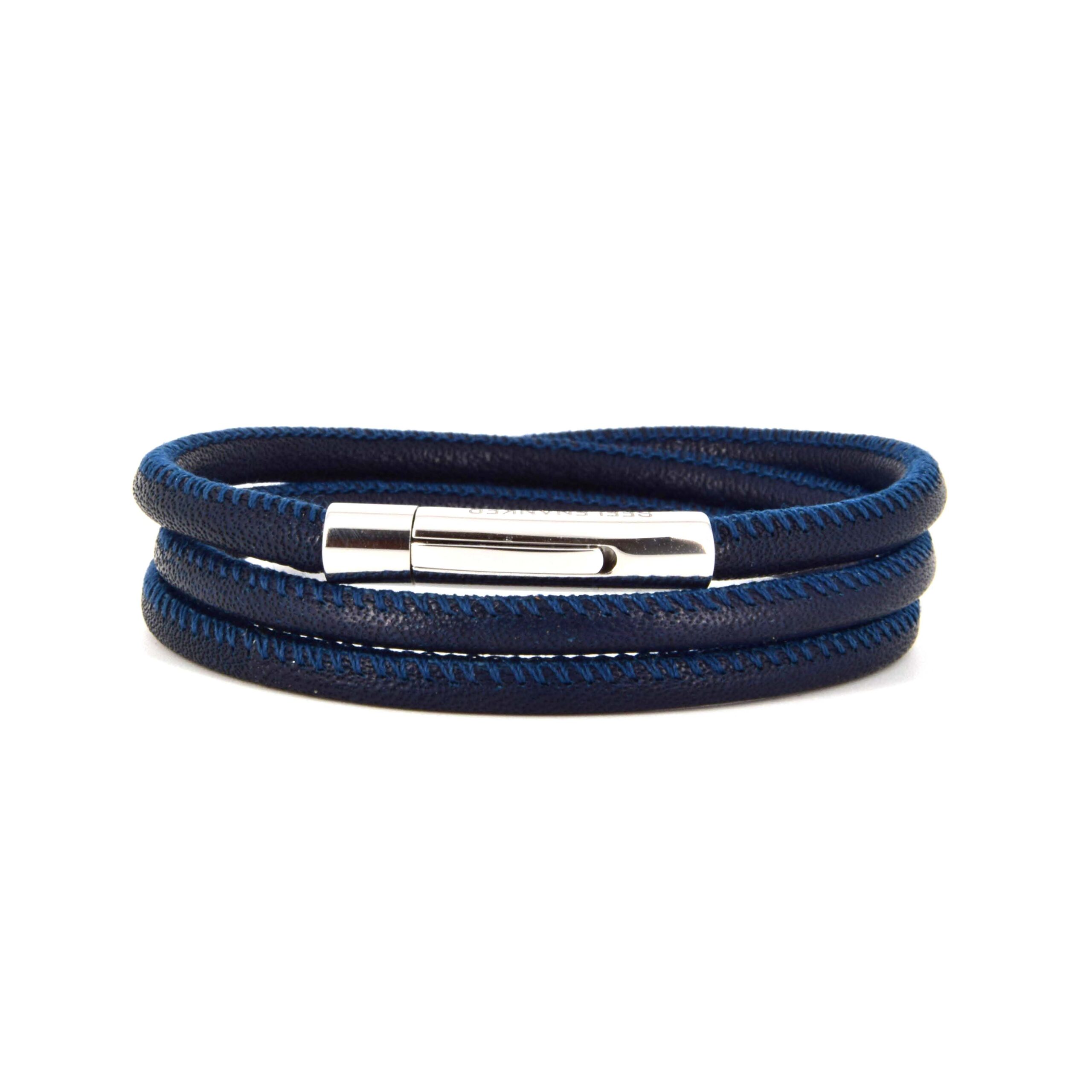Lederarmband 4mm-dreifachgewickelt-hebeldruckverschluss-blau Lederarmband, blau, mit Edelstahl-Klickverschluss, dreifach gewickelt, Verschluss mit Gravur Seelenanker