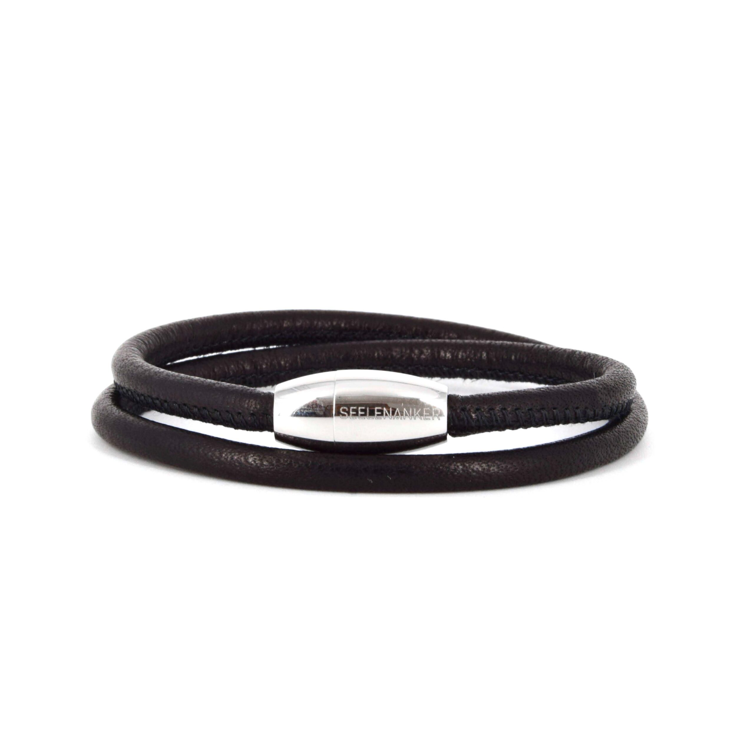 Schwarzes Lederarmband 4mm, Bio-Nappaleder, handgefertigt, zweifachgewickelt-Magnetverschluss Lederarmband, Wickelarmband, aus Bio-Nappaleder, handgefertigt, mit Magnetverschluss