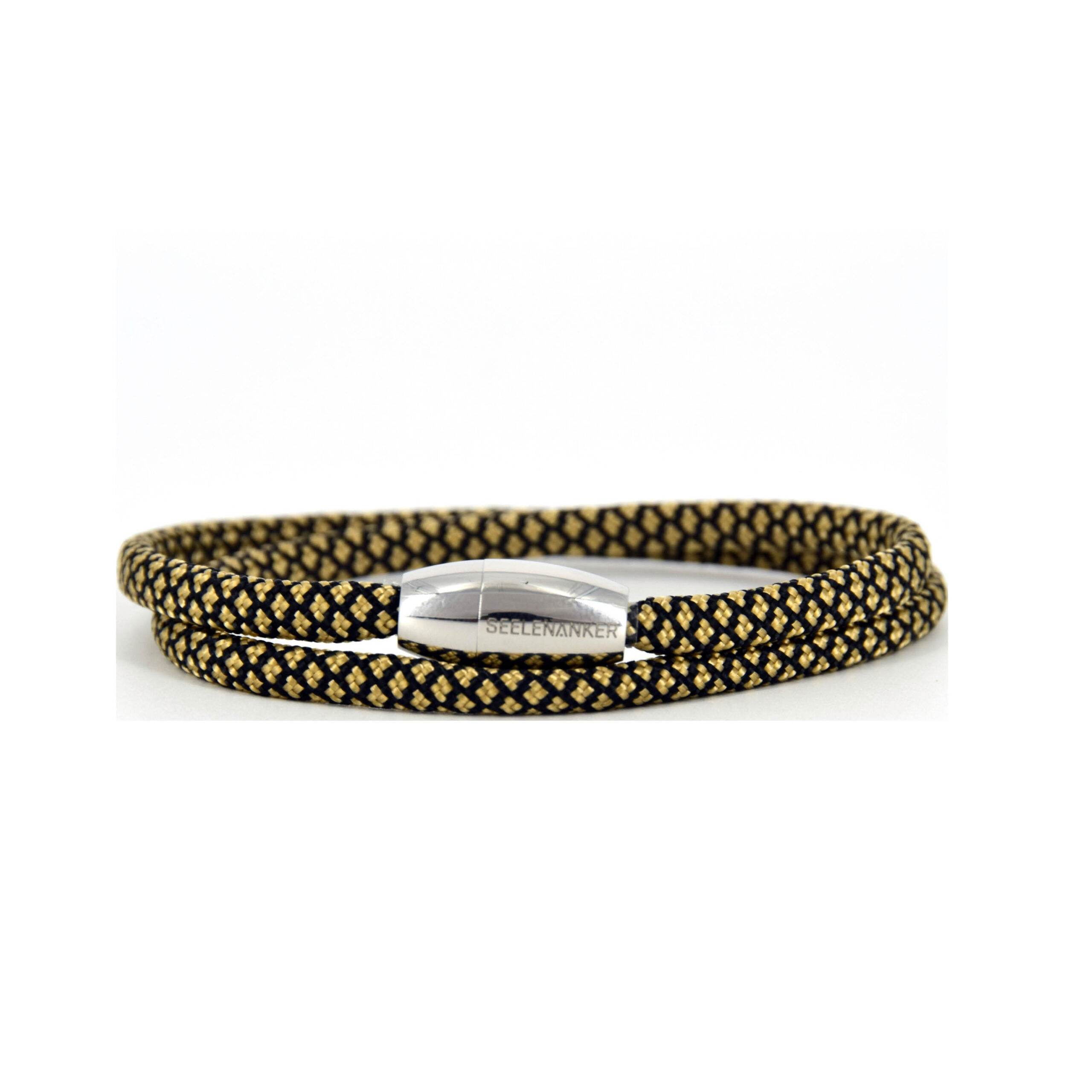 Segeltau gold schwarz zweifachgewickelt Magnetverschluss seelenanker-segeltauarmband-gold-schwarz-4mm-durchmesser-handgefertigt. edelstahlmagnetverschluss-mit-gravur-seelenanker