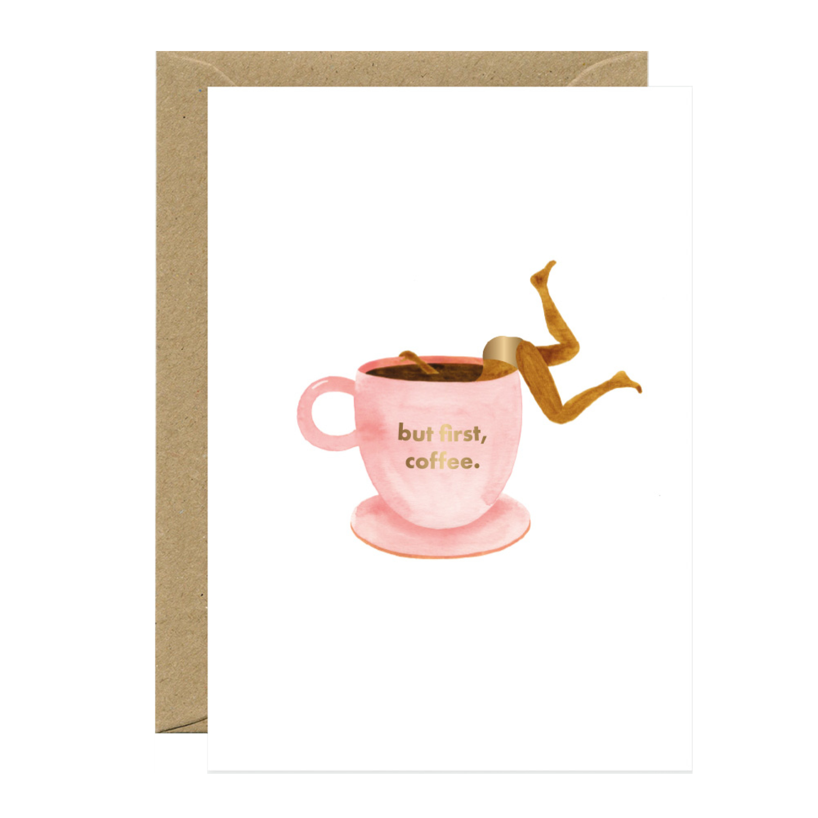 All the ways to say Postkarte But first coffee Grusskarte Illustration Frau in Kaffeetasse, Text But first coffee