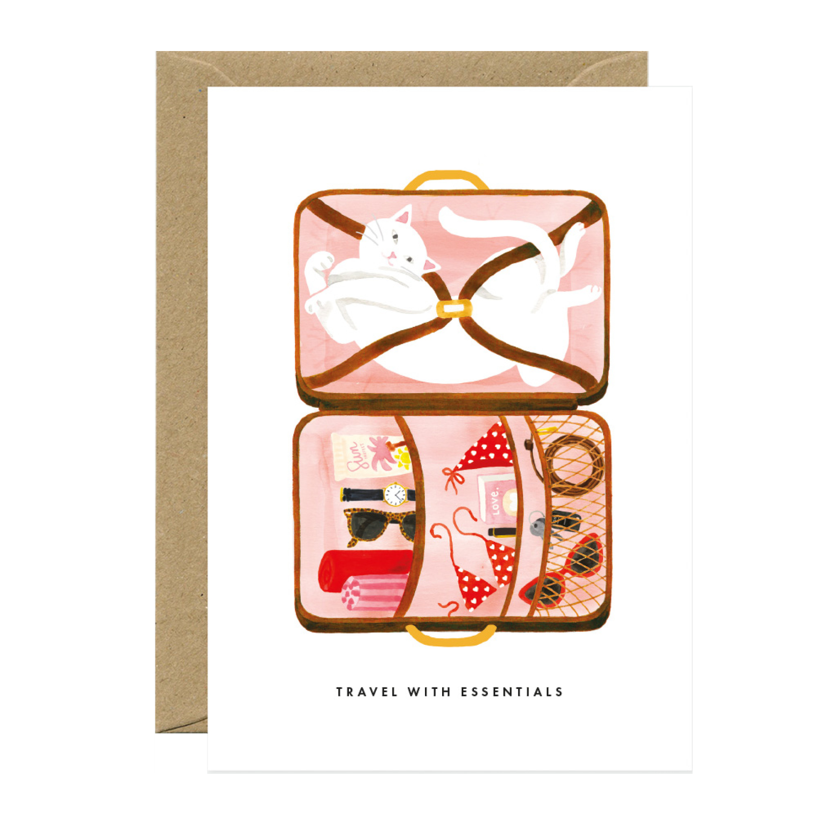 All the ways to say Postkarte Travel with essentials Grusskarte Illustration Katze im Koffer. Text Travel with essentials