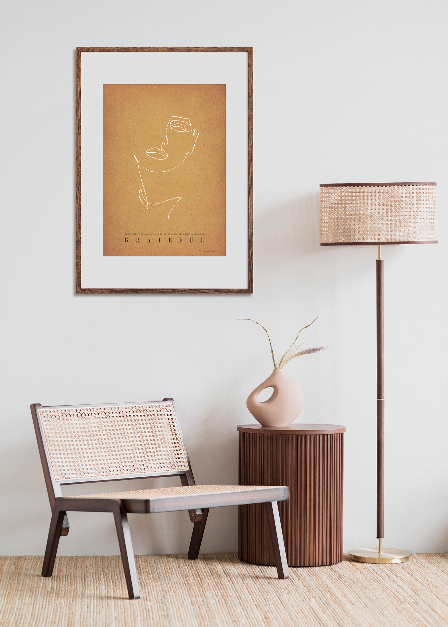 Wohnhintergrund, gemütliches Zimmer mit Naturholzmöbeln, Scandi-Boho-Stil, 3D-Rendering Wohnhintergrund, gemütliches Zimmer mit Naturholzmöbeln, Scandi-Boho-Stil, 3D-Rendering