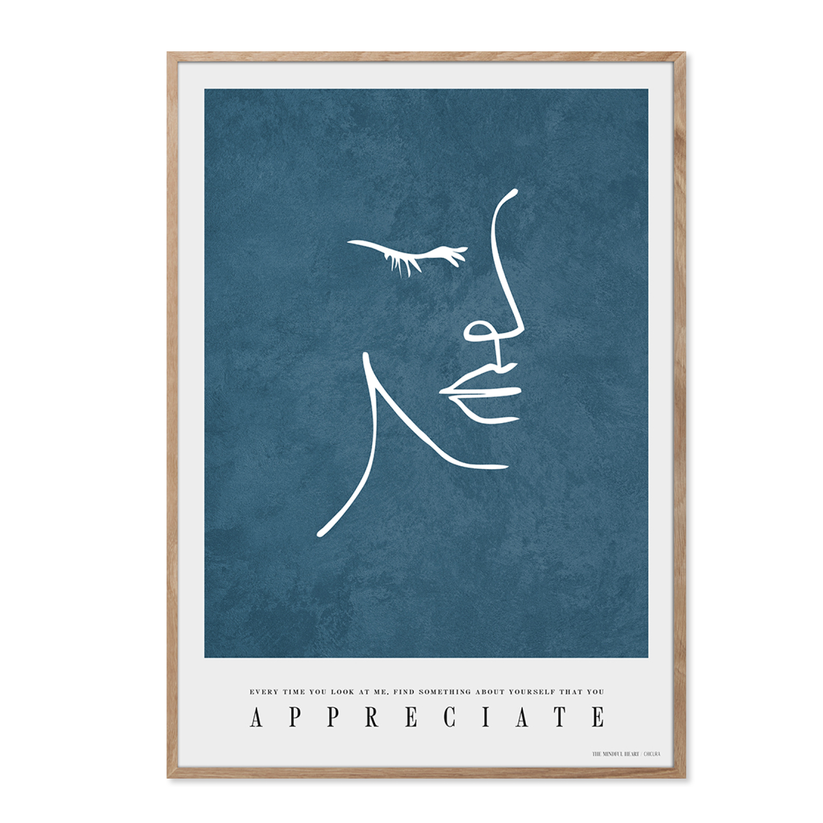 chicura-poster-appreciate Poster mit blauem Hintergrund und weisser Strichzeichnung Frauengesicht. Text Appreciate
