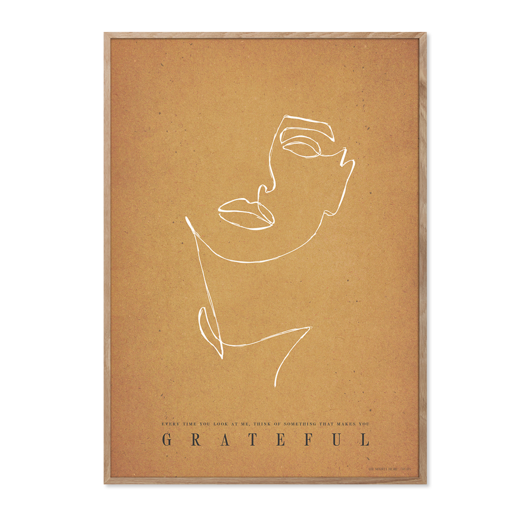 chicura-poster-grateful Poster mit braunem Hintergrund und weisser Strichzeichnung Frauengesicht. Text Grateful
