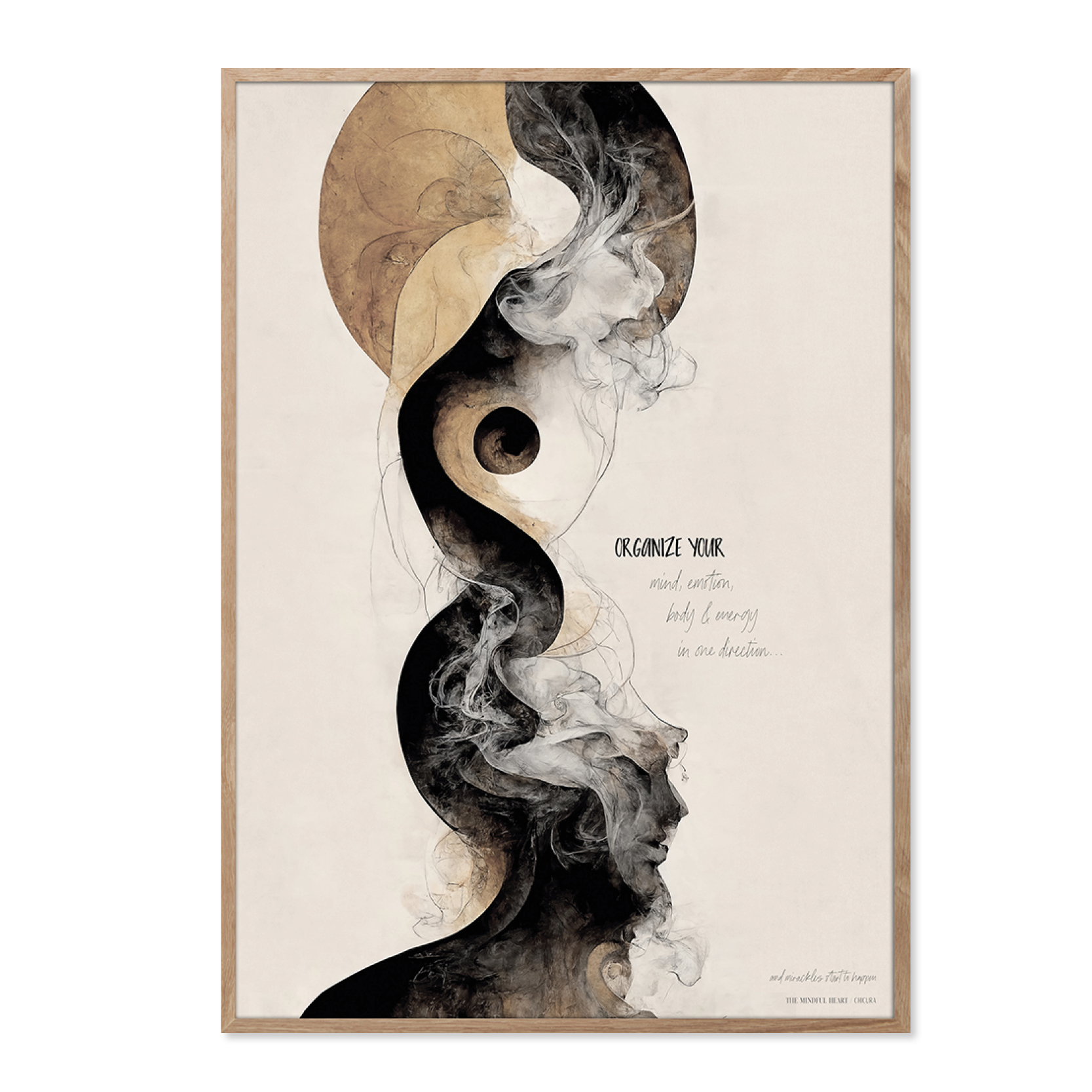 chicura-poster-organize Poster mit abstrakter Illustration in braun, beige und schwarz mit Text Organize your mind, emotion, body and energy in one direction