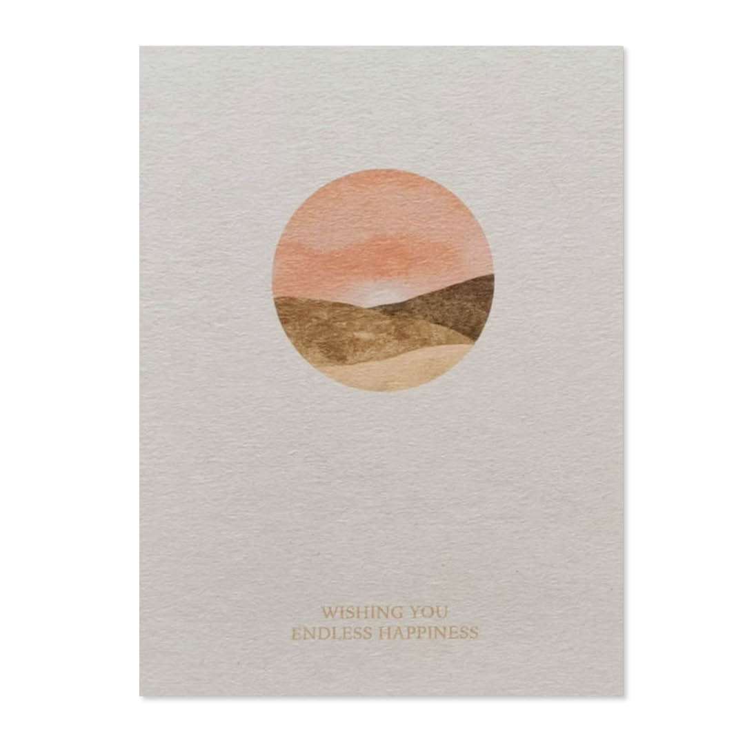 postkarte-wishing-you-endless-happiness Postkarte aus Naturpapier mit Sonnenuntergang Illustration