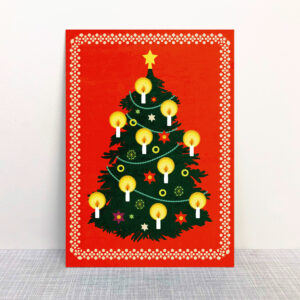 Illustrierter Christbaum vor rotem HIntergrund