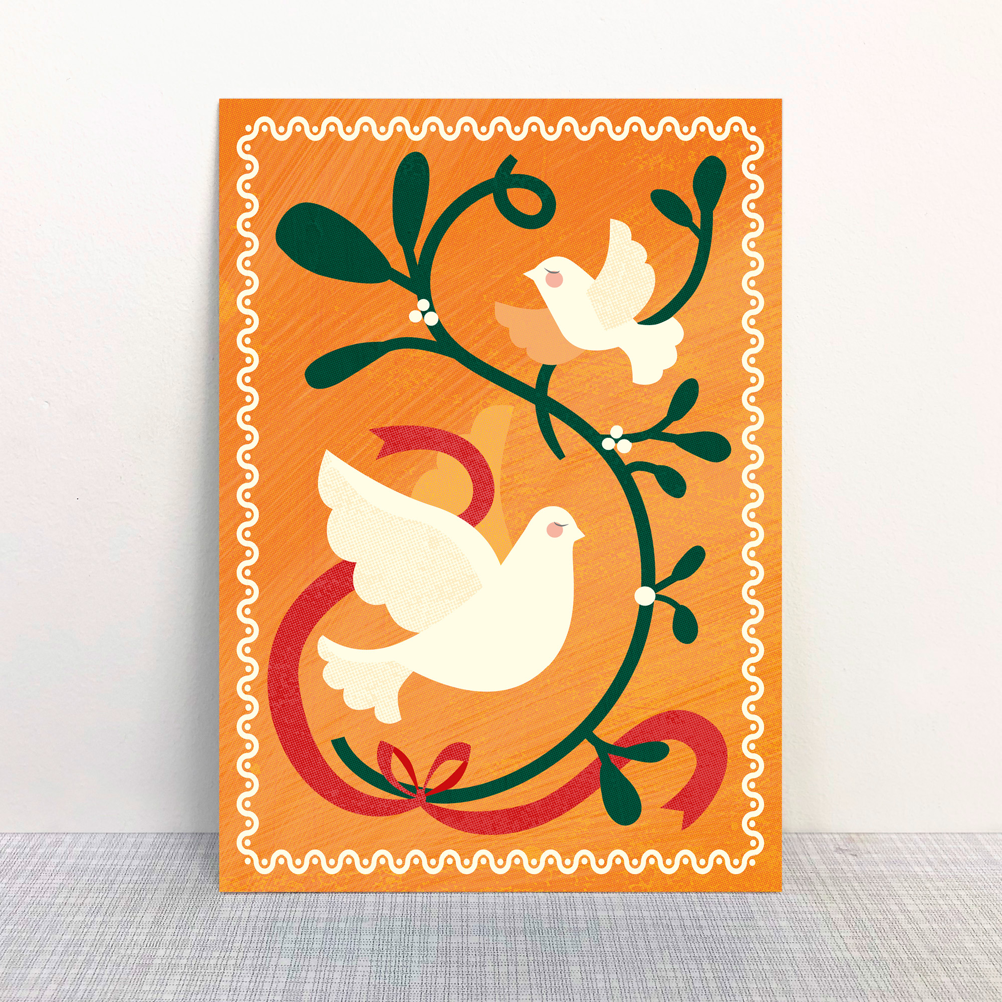 XMS-011_Monimari_Postkarte_Friedenstaube_orange_shop Illustrierte Postkarte mit weissen Friedenstauben vor orangem Hintergrund