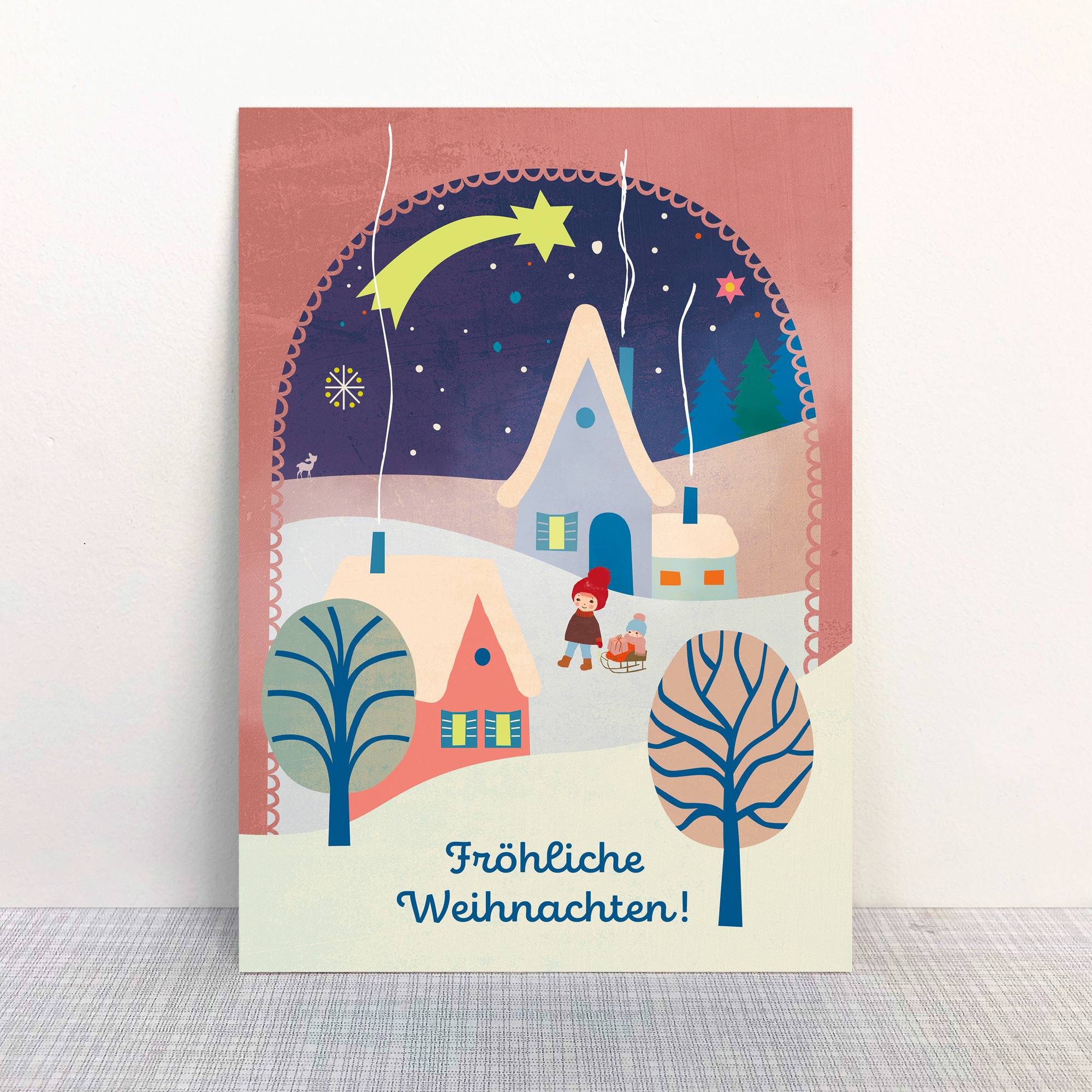 XMS-015_Monimari_Postkarte_Weihnachtsdorf_shop Illustrierte Weihnachtskarte mit winterlichem Dorf