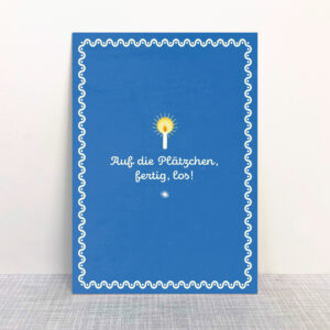 Blaue illustrierte Weihnachtspostkarte Auf die Plätzchen fertig los
