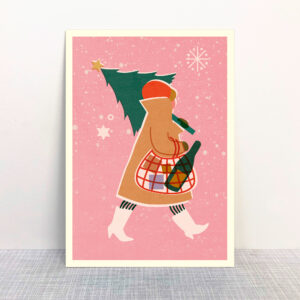 Illustrierte Postkarte mit einer Frau, die Weihnachtseinkäufe trägt.