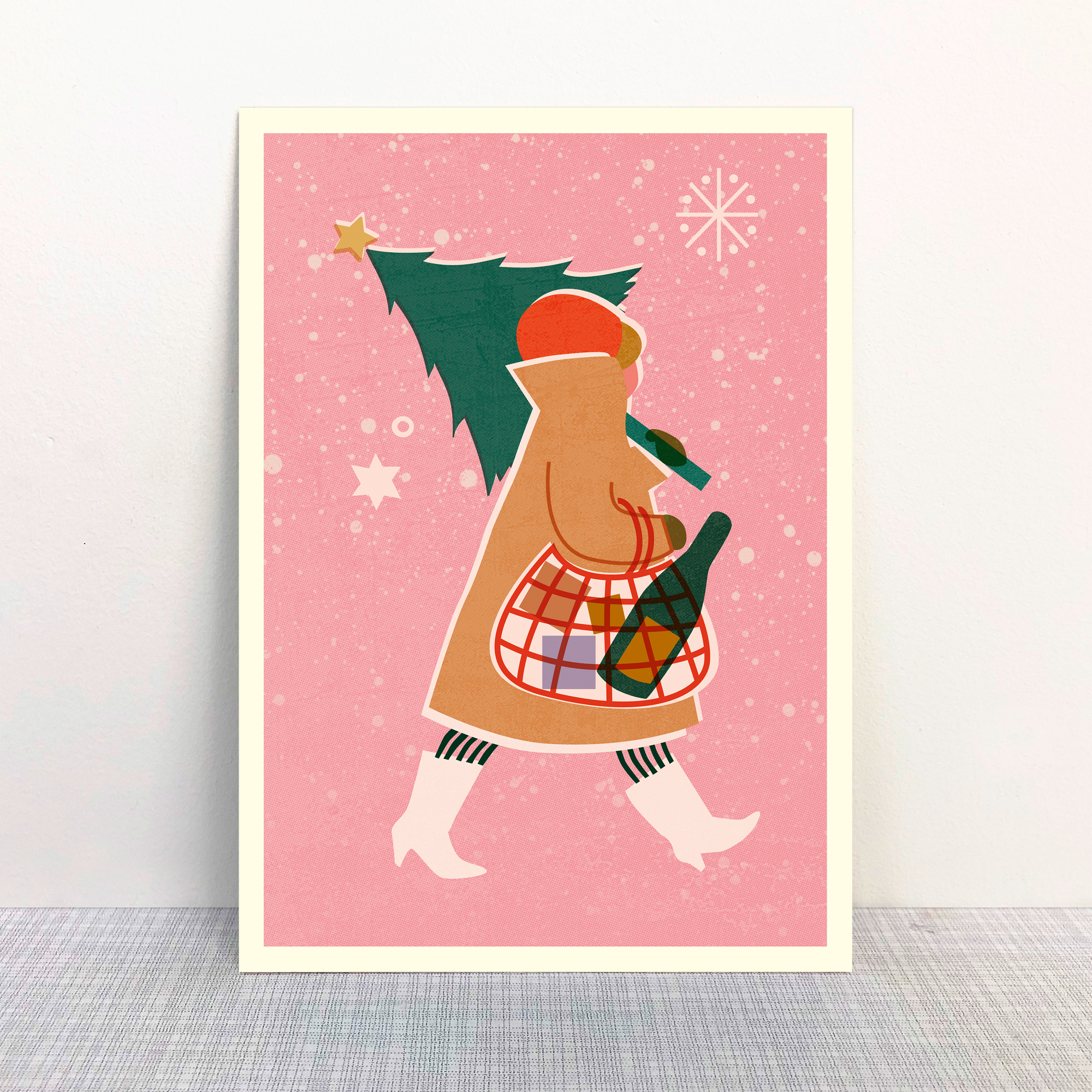 Illustrierte Postkarte mit einer Frau, die Weihnachtseinkäufe trägt.