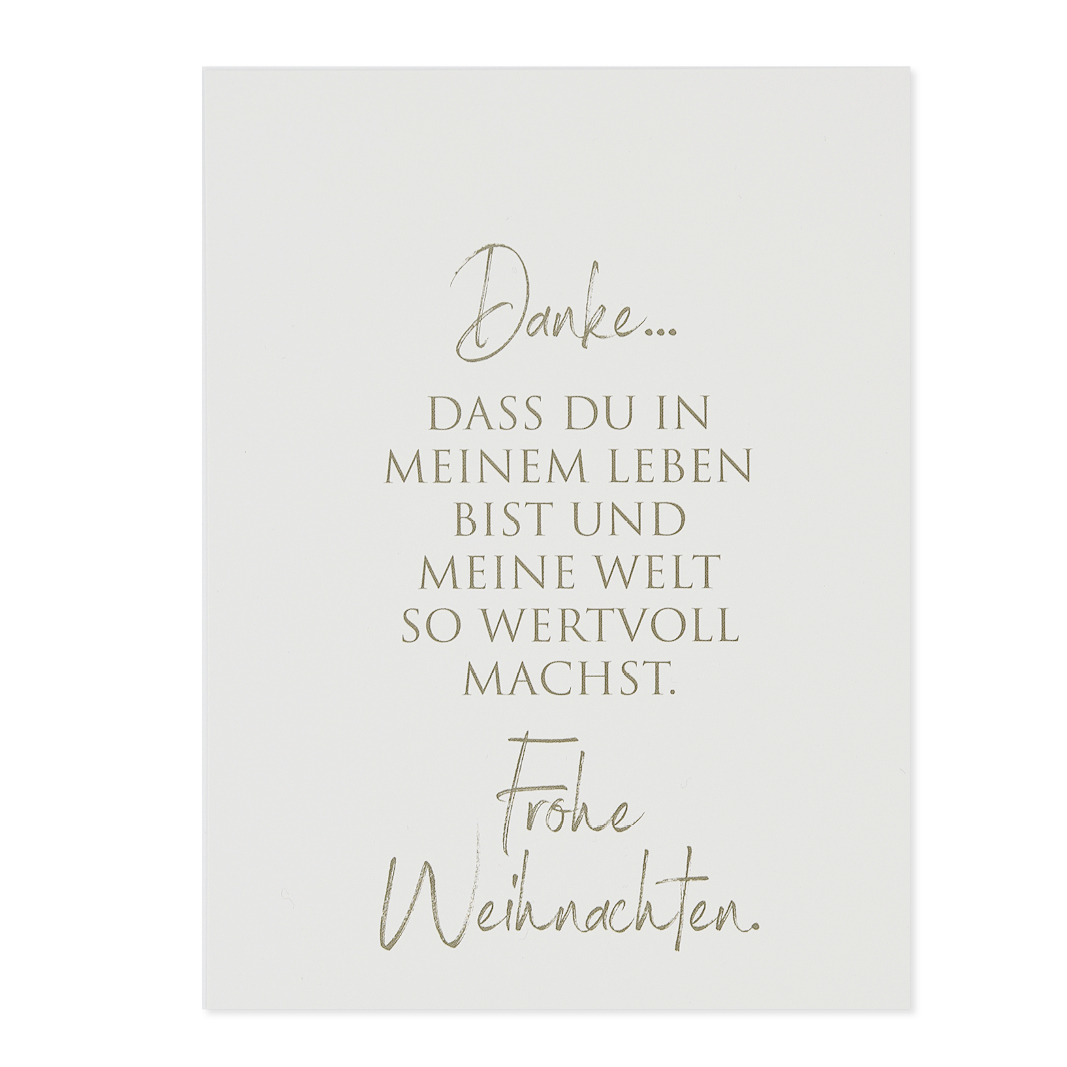 Weisse Weihnachtskarte mit goldenem Text Danke - Frohe Weihnachten