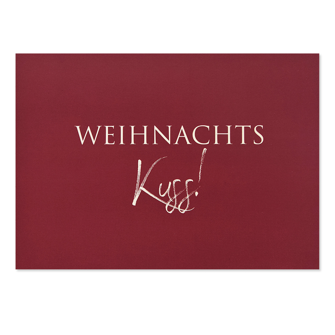 weihnachtskarte-wunderwort-weihnachtskuss Weihnachtskarte bordeauxfarben mit weissem Text: Weihnachtskuss
