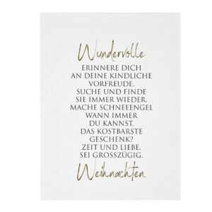Weihnachtskarte Weiss mit goldenfarbenem Text Sei Großzügig