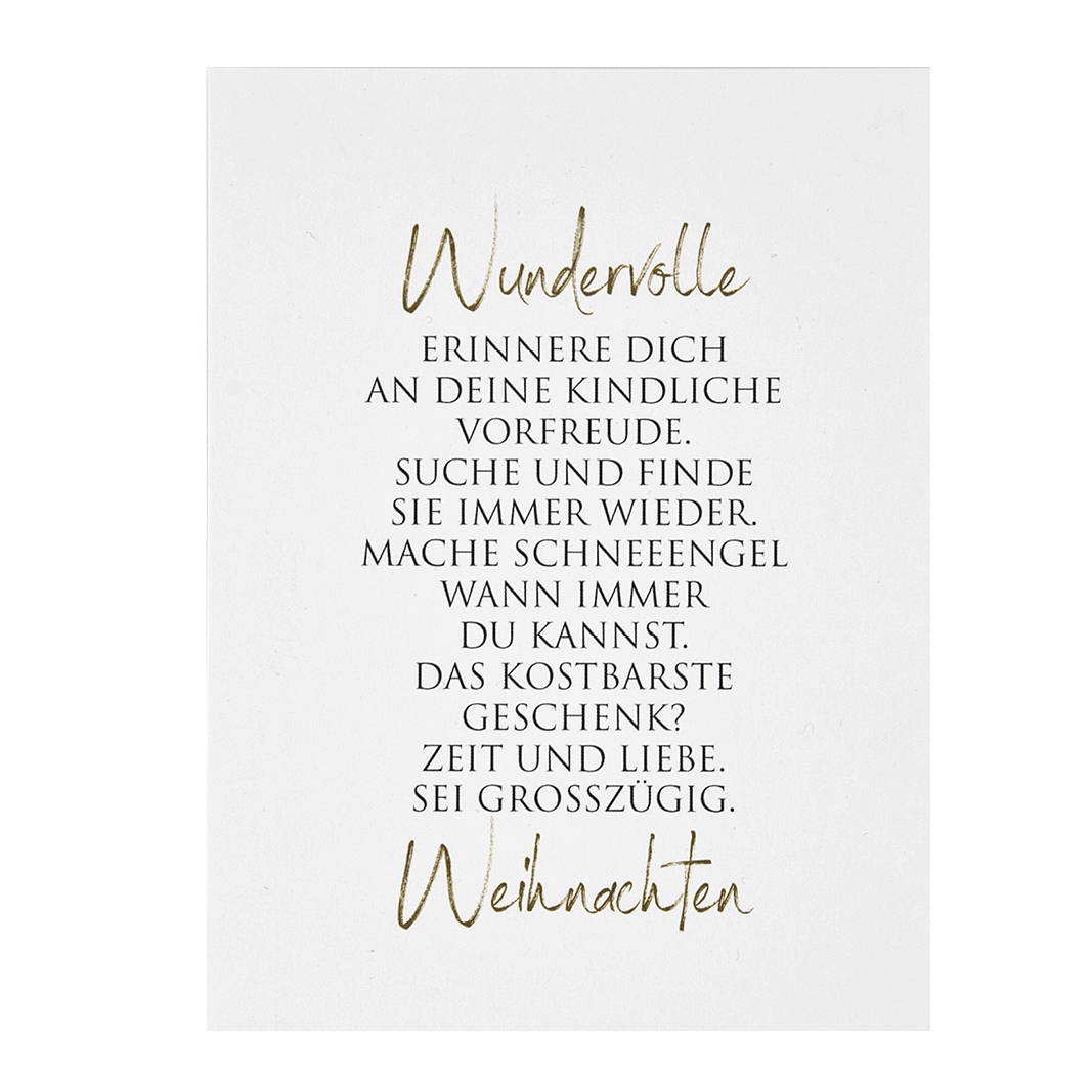 Weihnachtskarte Weiss mit goldenfarbenem Text Sei Großzügig